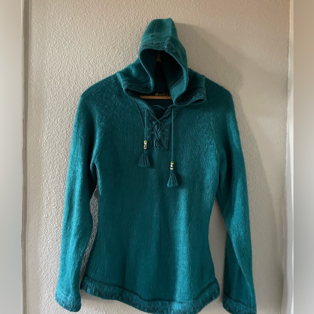 Alpaca Fina 100% alpaca teal hood sweater XS/S